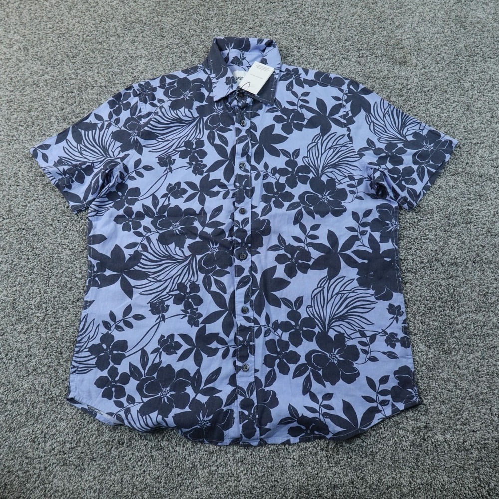 NEW Jason Wu Shirt Mens M Blue Linen Floral Print Tropical Hawaiian Button Up
